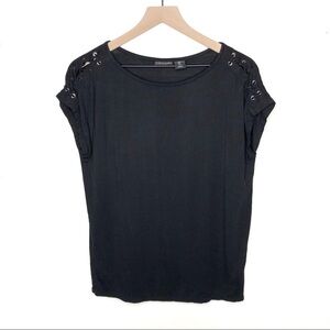 Tahari Lace Up Shoulder Short Sleeve Top Black S